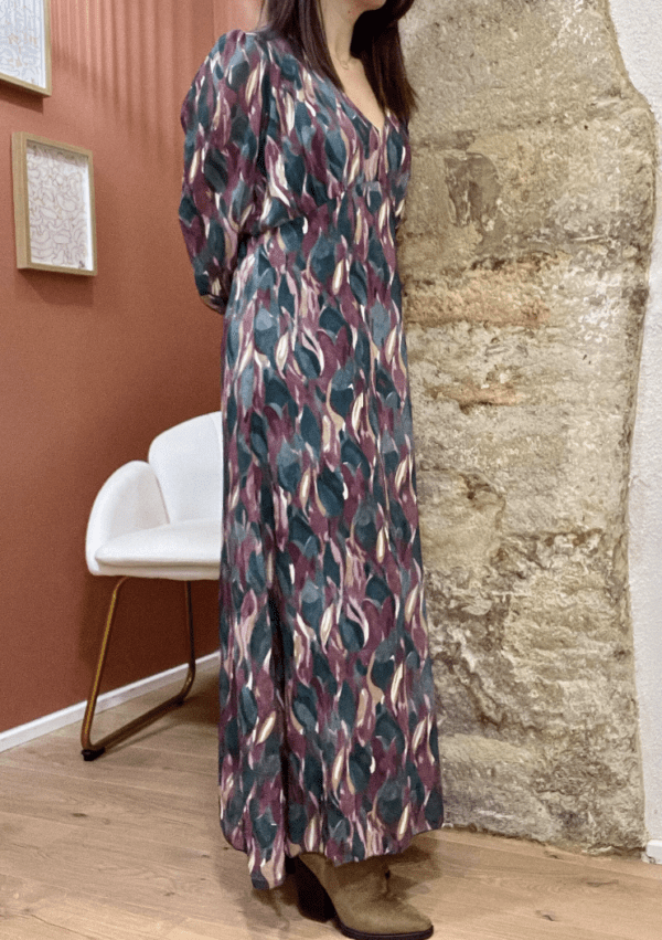 Robe longue à motifs JACKIE verte et mauve - Taille Unique